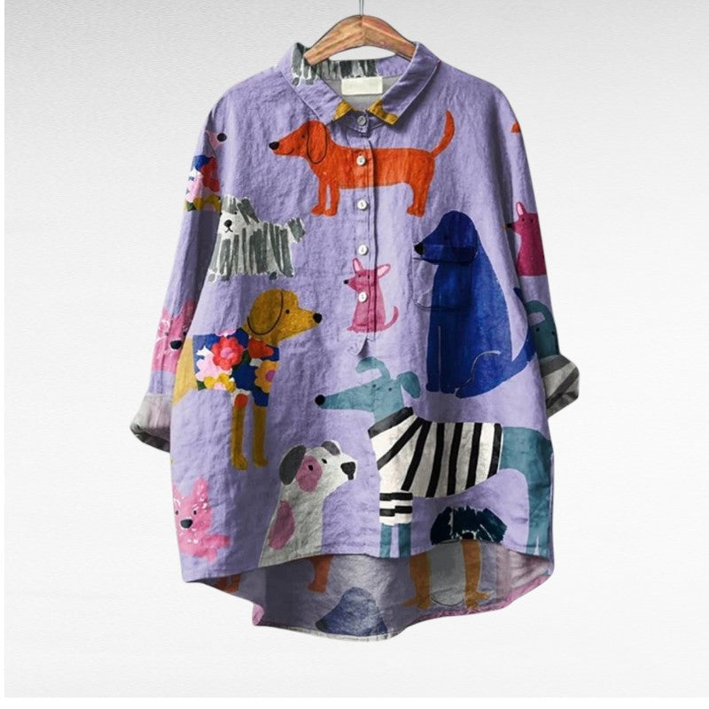 Damesblouse Met Hondenprint Kleurrijk Comfortabel Stofblend