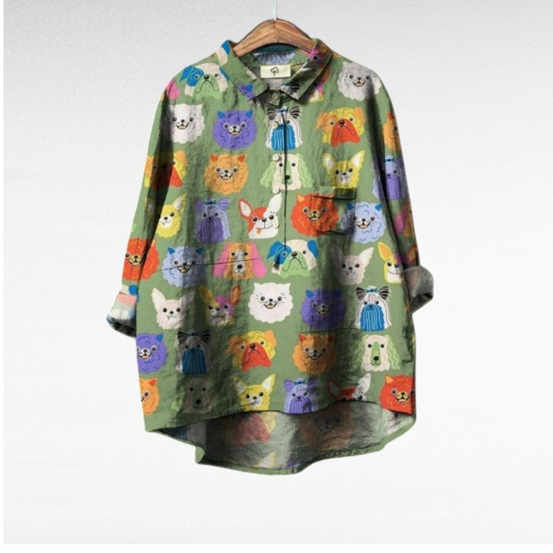 Damesblouse Met Hondenprint Kleurrijk Comfortabel Stofblend