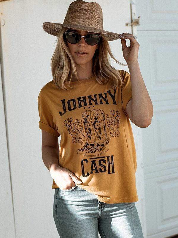Gouden Gele Boyfriend Tee met Johnny Cash Motief - Oversized Fit 1