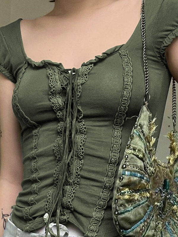 Groene feeën grunge top met korte mouwen en kant 0