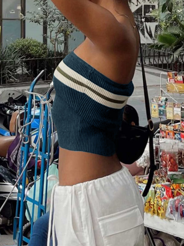 Marineblauwe vintage gebreide gestreepte bandeau crop top 2