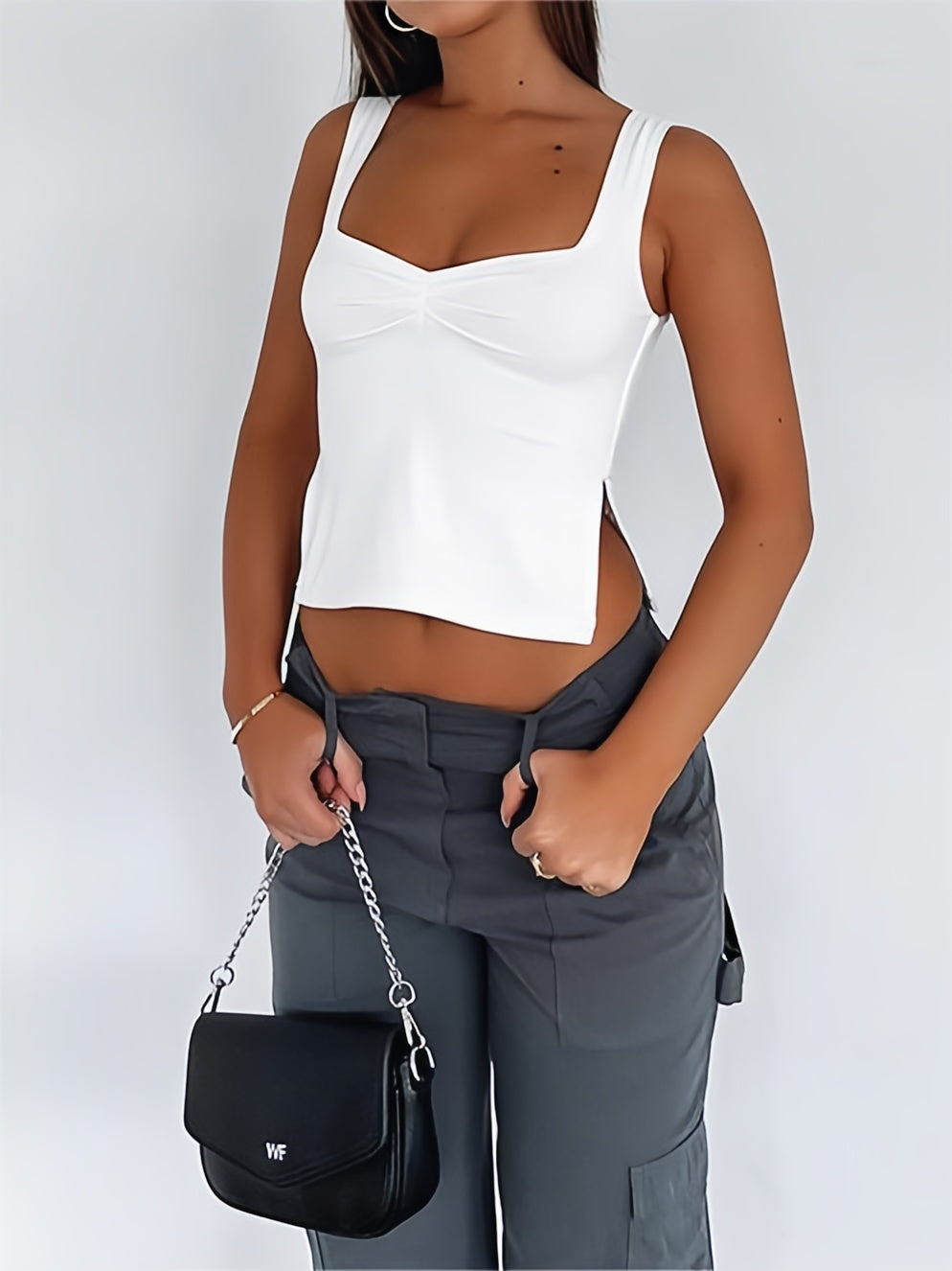 Meerkleurige geplooide mouwloze crop top met split 1