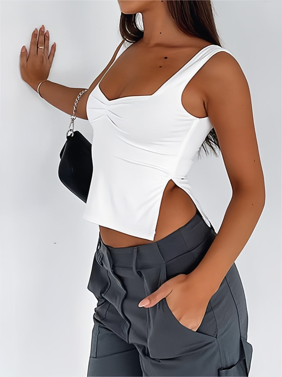 Meerkleurige geplooide mouwloze crop top met split 2