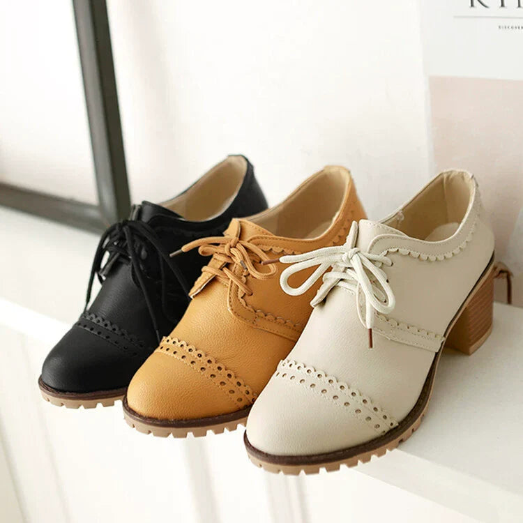 Brogueschoenen Dames Lerenlook Vetersluiting Geperforeerd - Hakken Dames