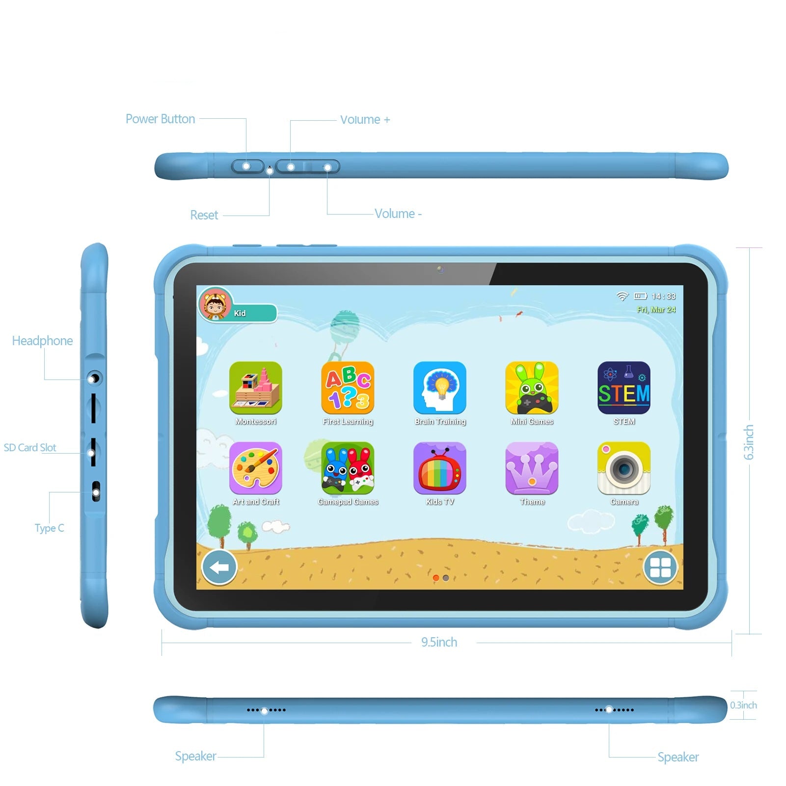Kindertablet 10 Inch met Quad Core, 64GB Opslag, Android 13 en 720p HD Scherm - Beste Kindertablet voor Kinderen-5