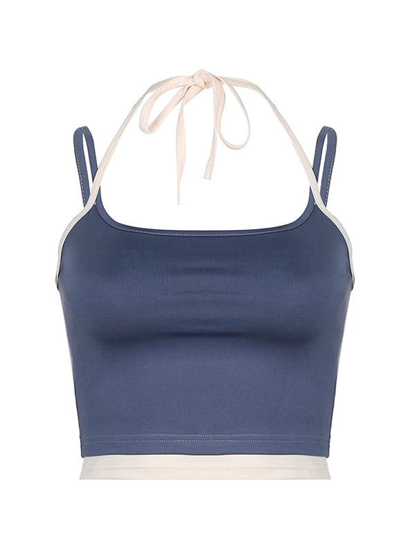 Vintage blauw contrastkleurig nep tweedelig camisole 3
