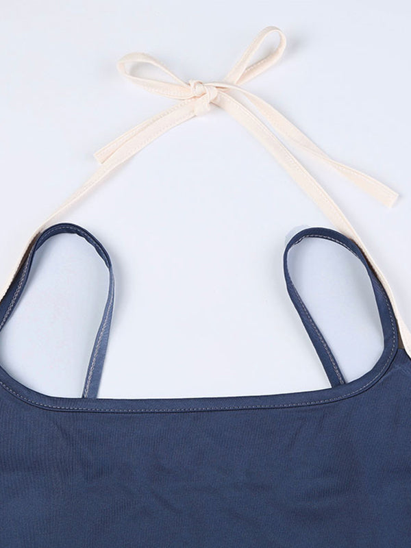 Vintage blauw contrastkleurig nep tweedelig camisole 4