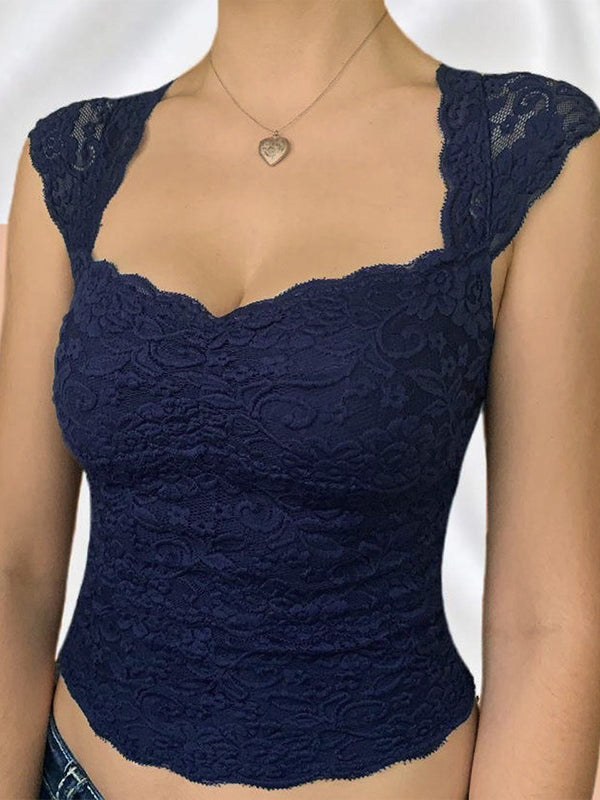 Vintage donkerblauwe top met korte mouwen en kant 1