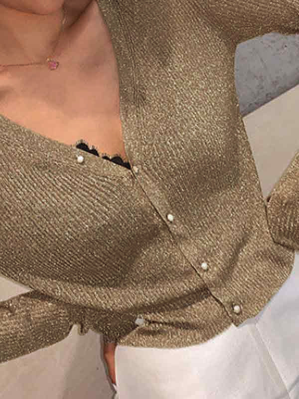 Vintage glitter geribbelde parelknoop lange mouw gebreide trui met V-hals 1