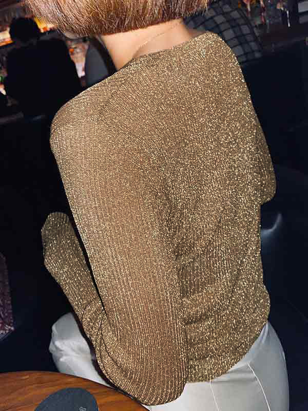 Vintage glitter geribbelde parelknoop lange mouw gebreide trui met V-hals 3