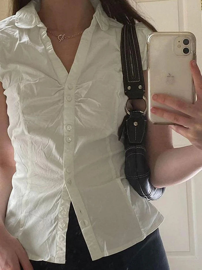 Wit vintage effen gerimpeld overhemd met korte mouwen en V-hals 0