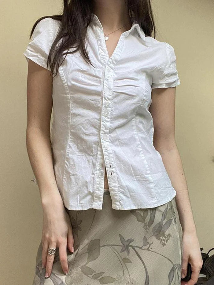 Wit vintage effen gerimpeld overhemd met korte mouwen en V-hals 1
