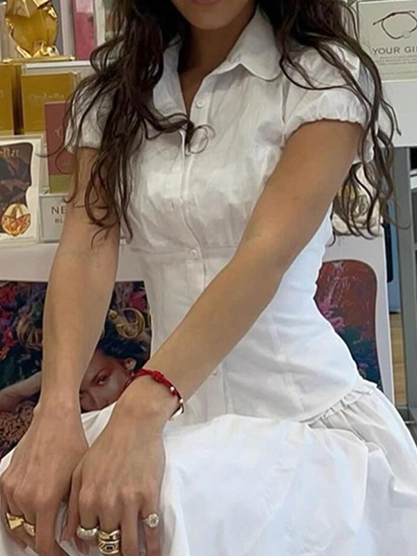 Wit vintage slim-taille V-hals shirt met korte mouwen 3