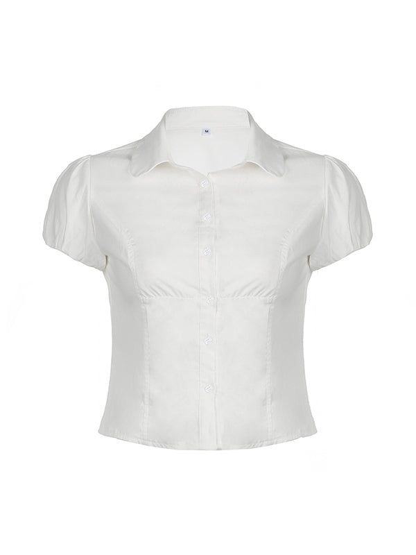 Wit vintage slim-taille V-hals shirt met korte mouwen 5