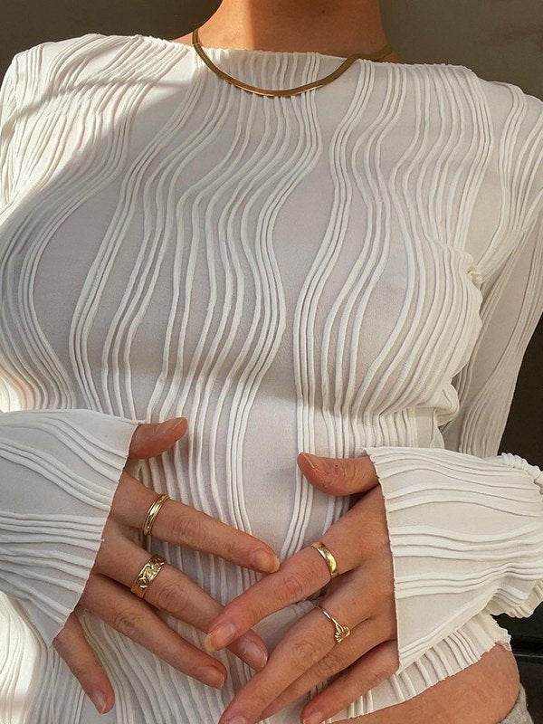 Witte crop top met lange mouwen en textuurstrepen 3