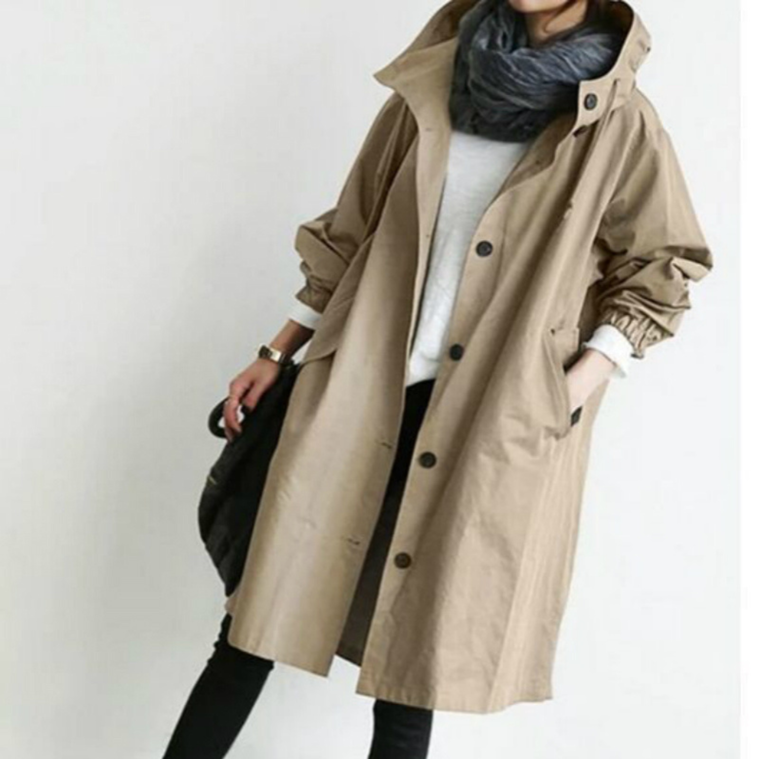 Dames Lange Trenchcoat Capuchon Wind en Waterdicht