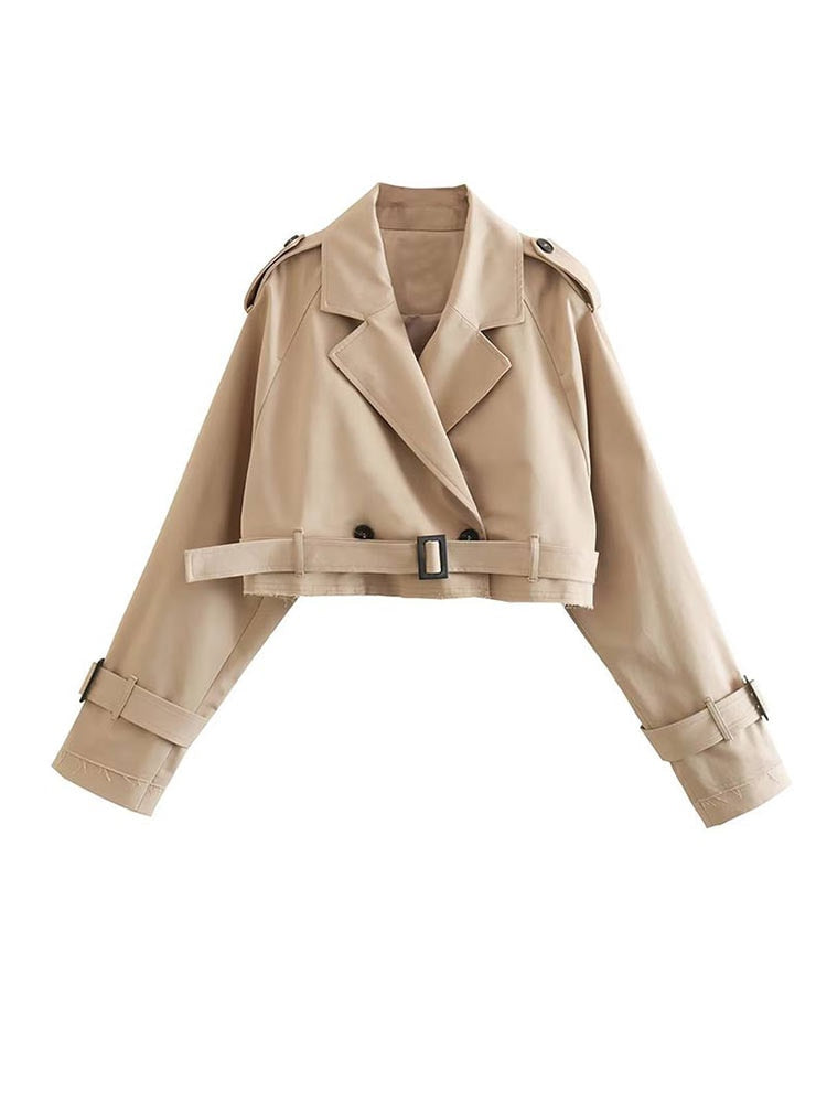 Dames Beige Cropped Trenchcoat met Dubbele Sluiting