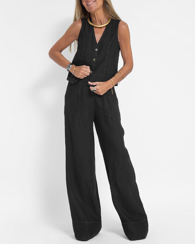 Elegante 2-Delige Set Linnen Wijde Broek En Vest Voor Dames