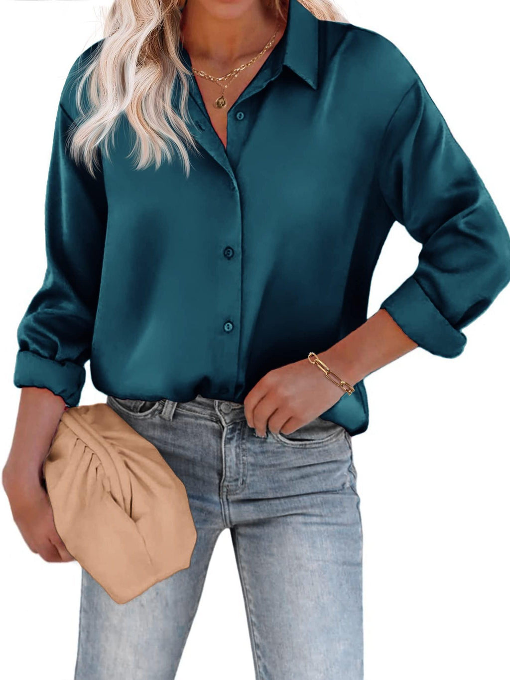 Satijnen Blouse Met Knoopsluiting En Lange Mouwen Elegante