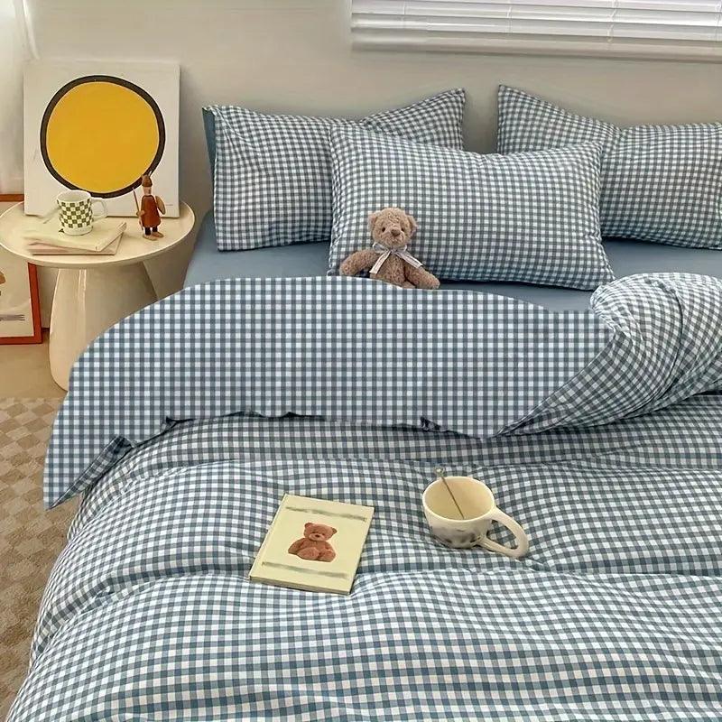 Blauw Geruit Dekbed – Koreaanse Look in Fris Design