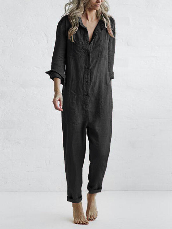 Knopen Casual Revers Zak Lange Mouwen Jumpsuit