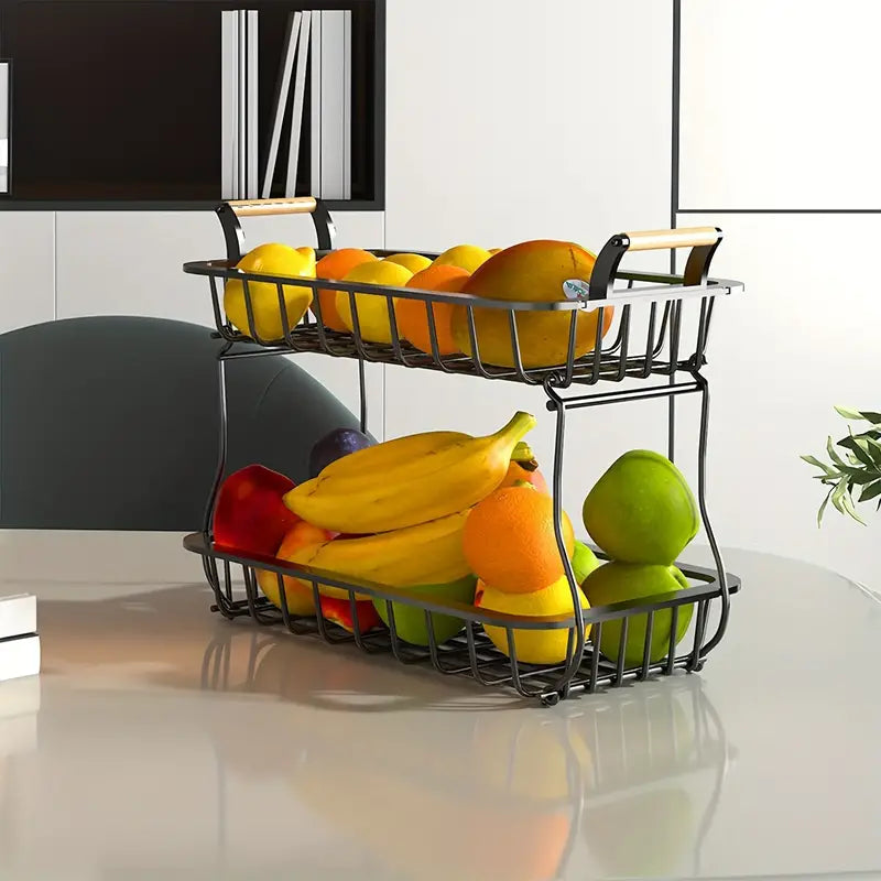 2-Laags Fruitorganizer van Duurzaam Metaal met Houten Handvatten – Modern Minimalistisch Ontwerp voor Keukenopslag
