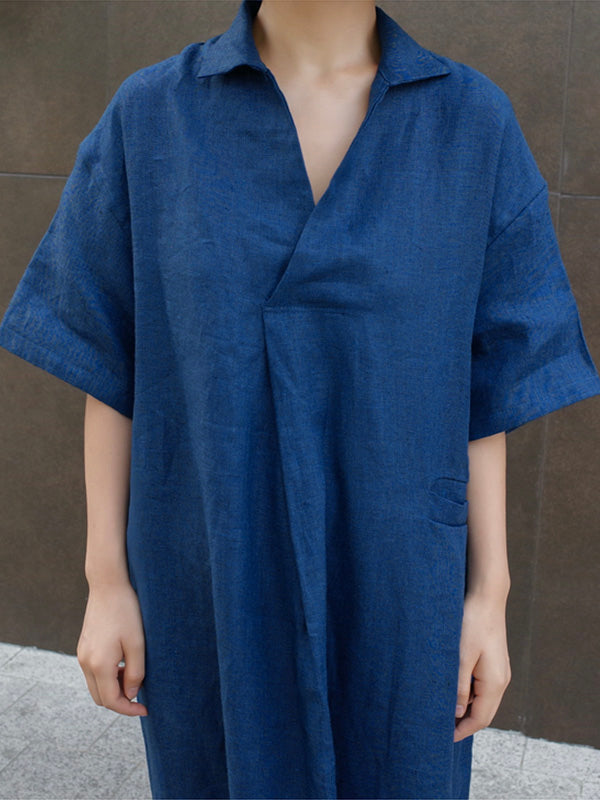 Losse Katoenen en Linnen V-Hals Shirtjurk