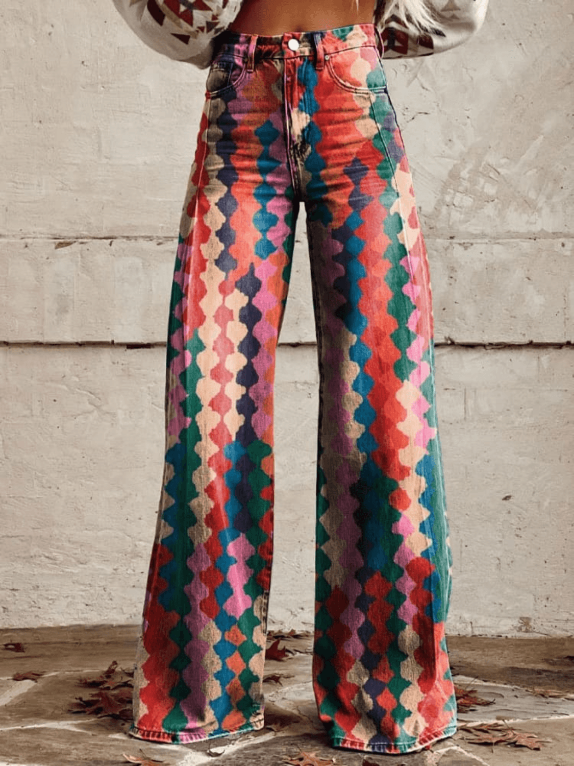 Vrouwen Retro Chic Wijde Pantalon Met Geometrisch Patroon In Levendige Kleuren Voor Casual Elegante Look