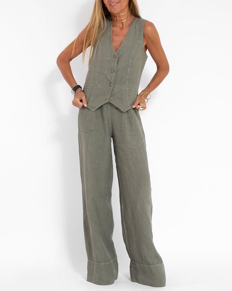 Elegante 2-Delige Set Linnen Wijde Broek En Vest Voor Dames