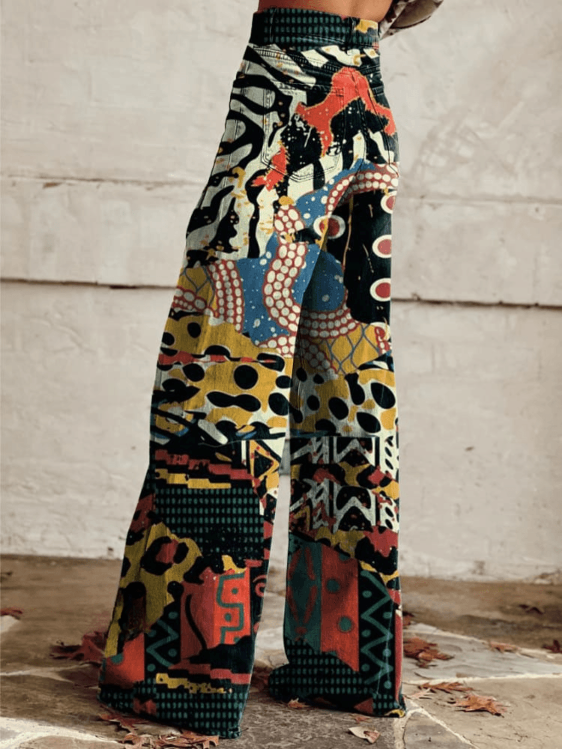 Dames Wijde Pantalon Hoge Taille Statement Abstract Print Denim Look voor Comfortabele en Stijlvolle Outfits