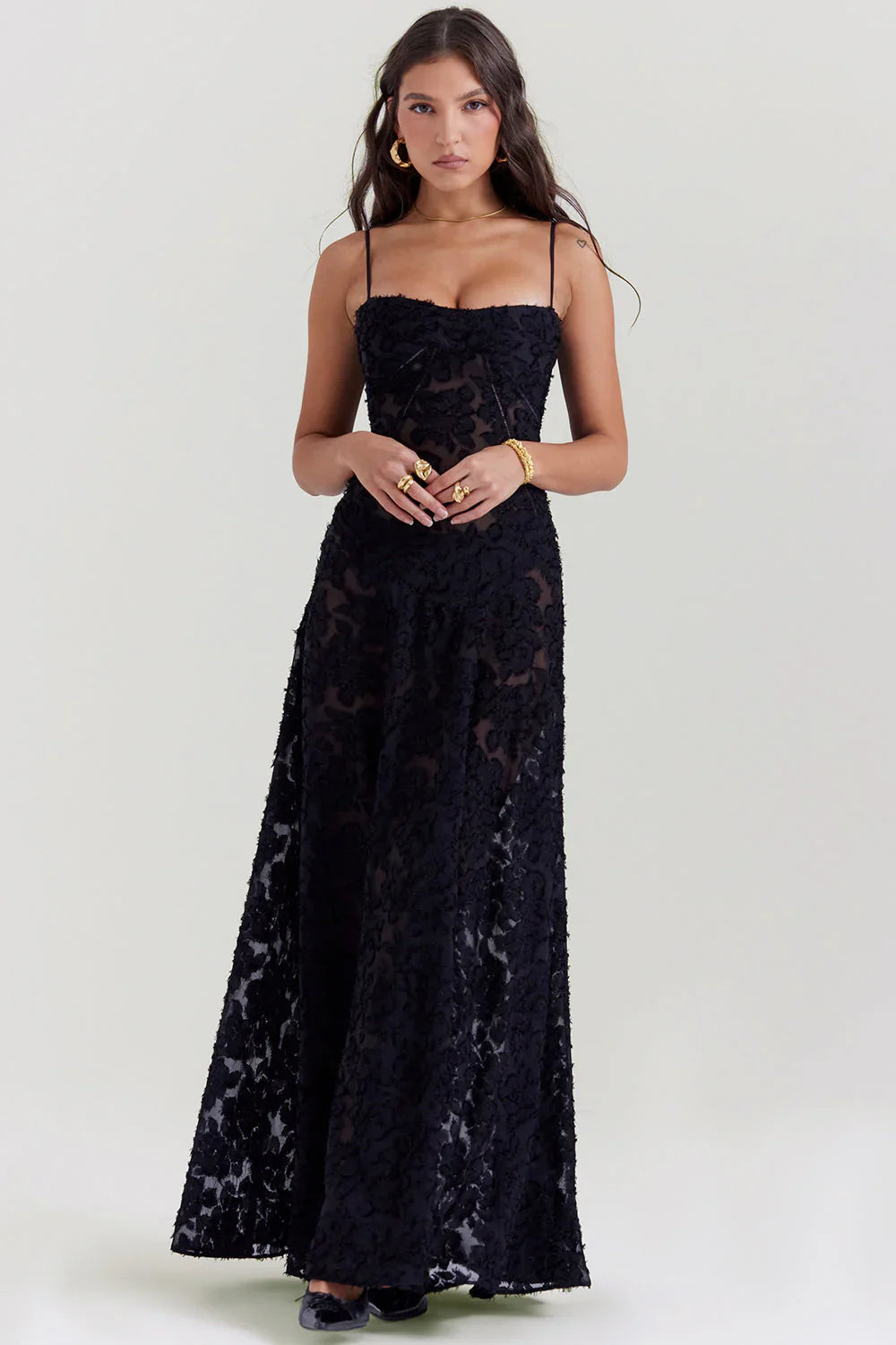 Betoverde Maxi-jurk met Corset Veters en Bloemmotieven
