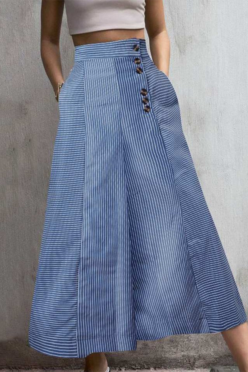 Dames Hoge Taille Culottes met Wijde Pijpen en Gestreept Patroon in Verkorte Lengte met Knopen Detail voor Een Stijlvolle Look