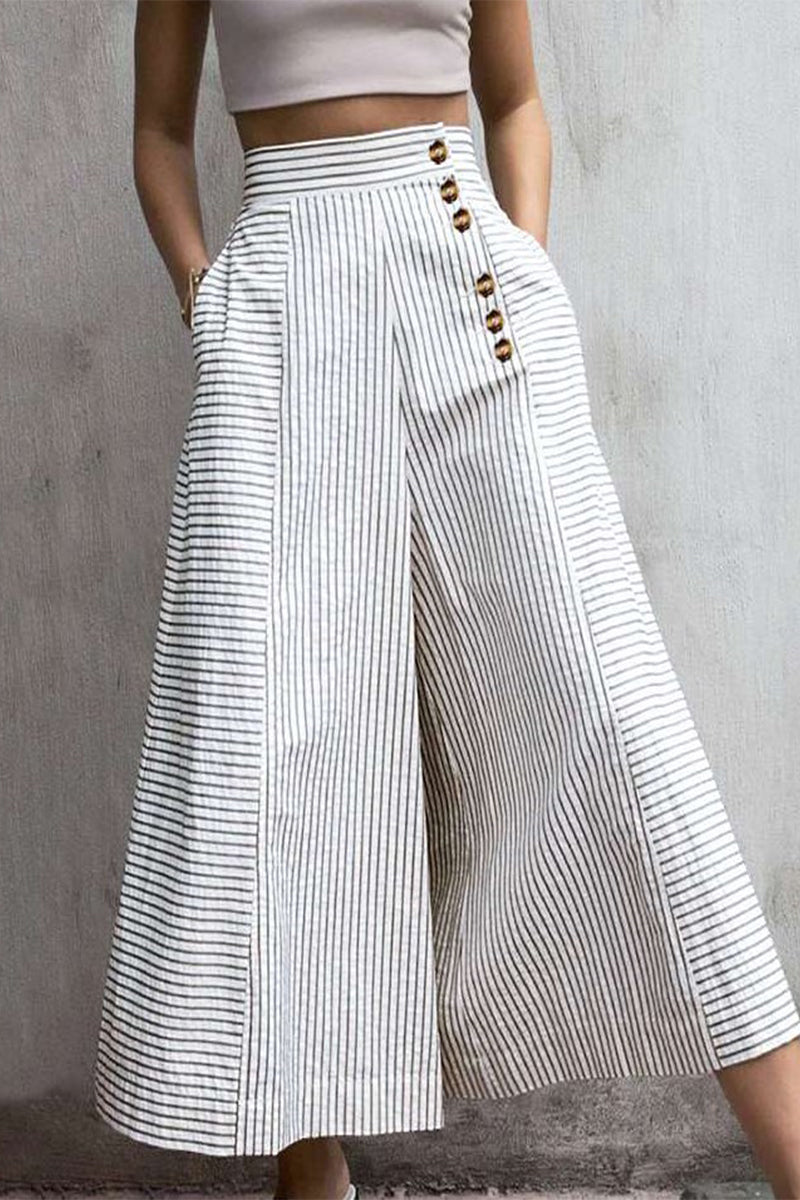Dames Hoge Taille Culottes met Wijde Pijpen en Gestreept Patroon in Verkorte Lengte met Knopen Detail voor Een Stijlvolle Look