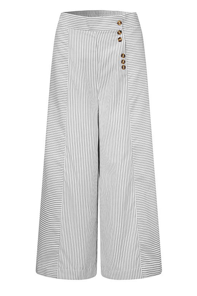 Dames Hoge Taille Culottes met Wijde Pijpen en Gestreept Patroon in Verkorte Lengte met Knopen Detail voor Een Stijlvolle Look
