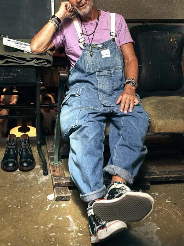 Versleten Denim Draagriemen Multi-Pocket Overalls