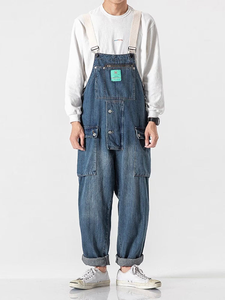 Versleten Denim Draagriemen Multi-Pocket Overalls