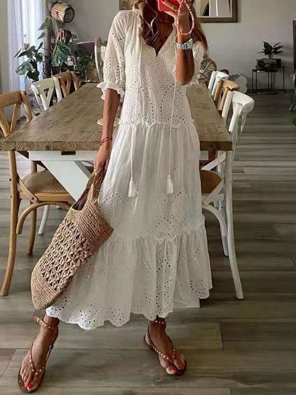 V-hals Kanten Witte Maxi Jurk