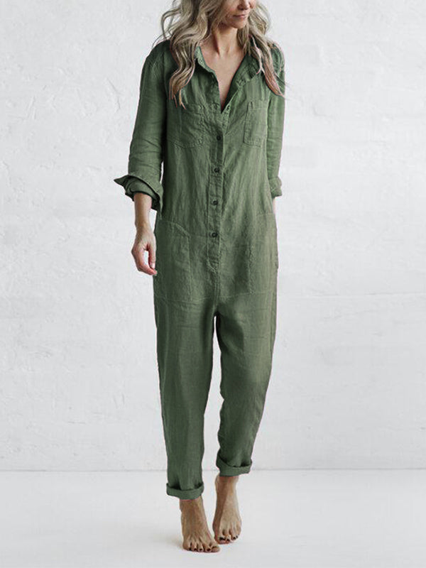 Knopen Casual Revers Zak Lange Mouwen Jumpsuit