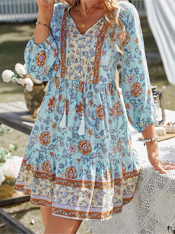 Bohemian Print 3/4 Mouw V-Hals Jurk