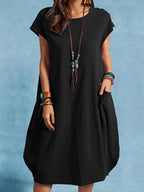 Katoenen Linnen Casual Losse Effen Kleur Pocket Jurk