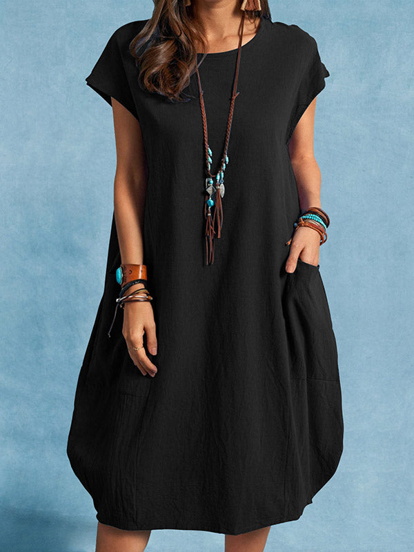 Katoenen Linnen Casual Losse Effen Kleur Pocket Jurk