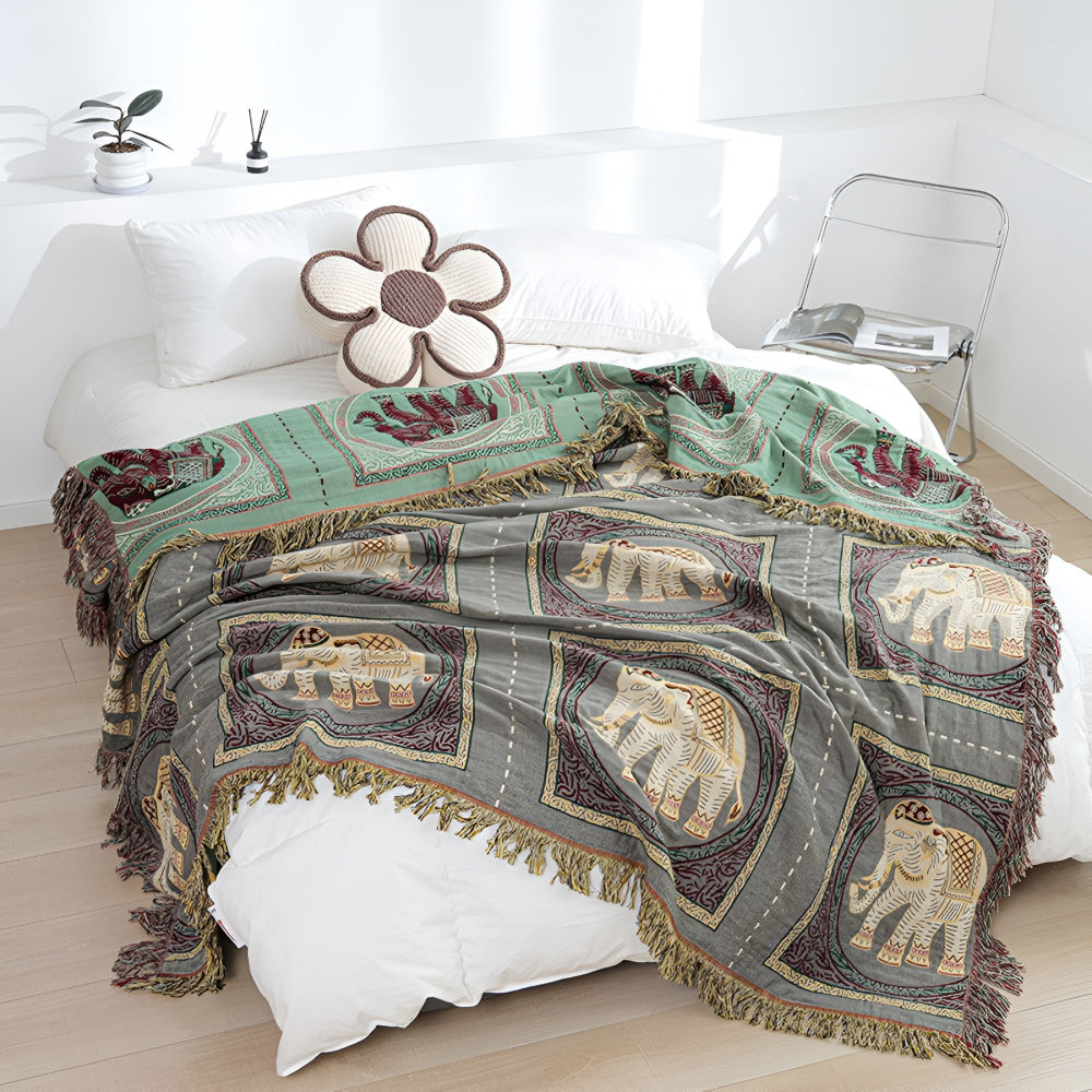 Bohemian Olifant Print Tassel Deken