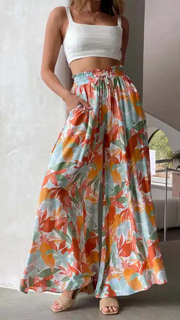 Dames Palazzo Broek Hoge Taille Wijde Pijpen Elastische Touwtjes Volledige Lengte Lichtgewicht Stof Met Zakjes