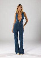 Dames Jumpsuit – Denim – Diepe V-Hals – Flared Pijpen – Getailleerde Pasvorm – Rits Sluiting