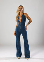 Dames Jumpsuit – Denim – Diepe V-Hals – Flared Pijpen – Getailleerde Pasvorm – Rits Sluiting