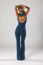 Dames Jumpsuit – Denim – Diepe V-Hals – Flared Pijpen – Getailleerde Pasvorm – Rits Sluiting