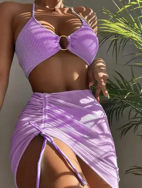 Gouden Uur Drie-delig Badpak Met Haltertop Hoge Taille Broek En Mesh Rok Strandmode