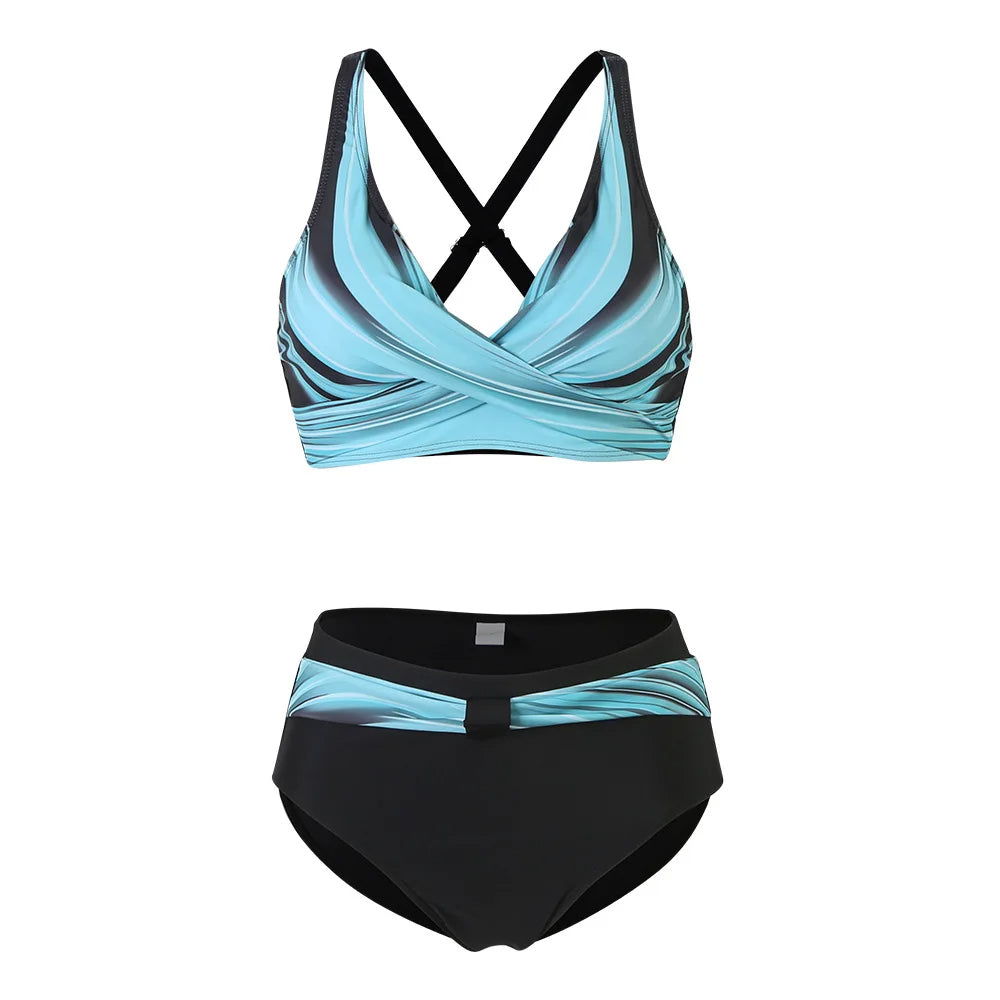 Hoge Taille Bikini Set Dames met Modieuze Print en Draadloos Design voor Comfort en Stijl tijdens Zomeractiviteiten