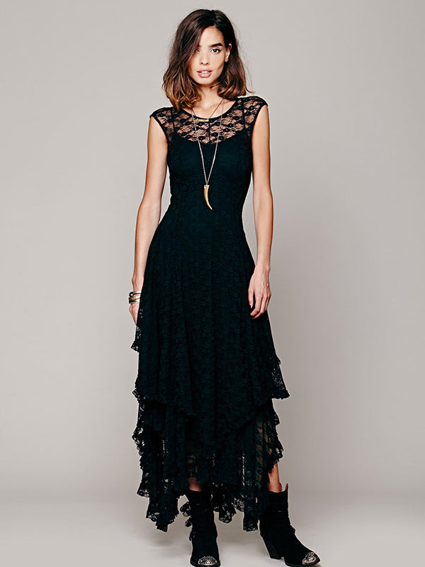 Franse Romantische Ongelijke Zoom Kant Maxi Jurk