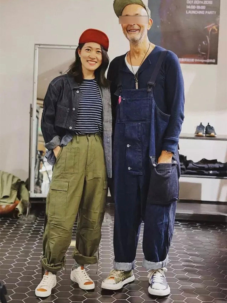 Baggy Denim Overalls met Kleur Gecoördineerde Zak